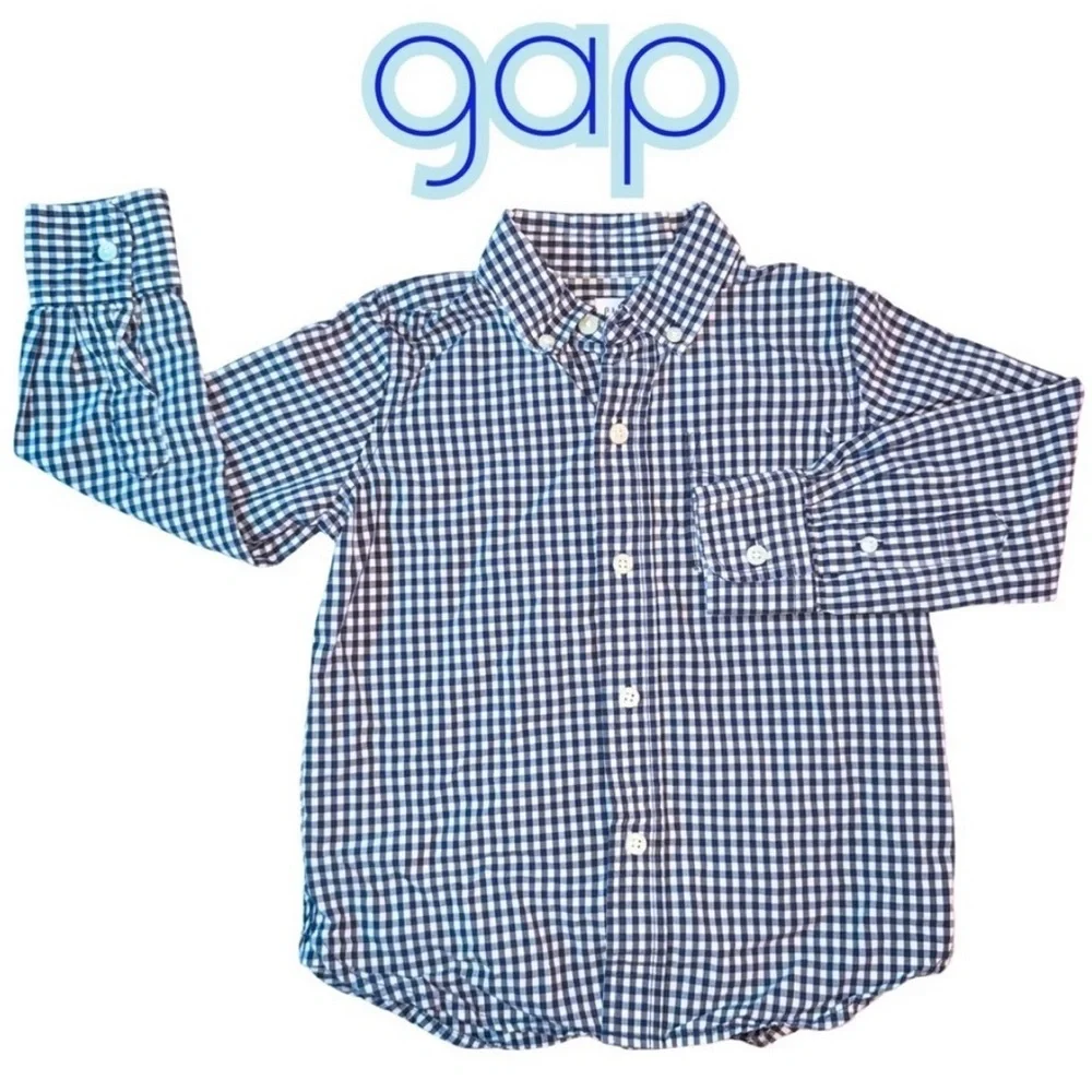 GAP Boys Navy White Gingham Button Down Shirt Long Sleeve Size XS 4-5 EUC Kids‎